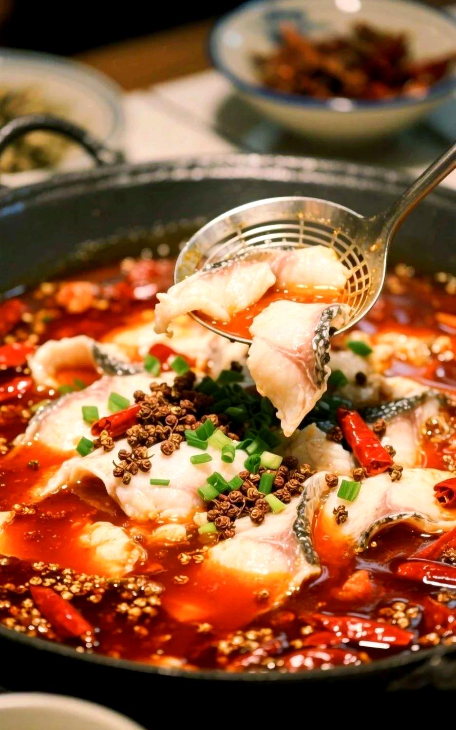 Sichuan boiled fish fillets in red chili oil topped with dried chilies and Sichuan peppercorns